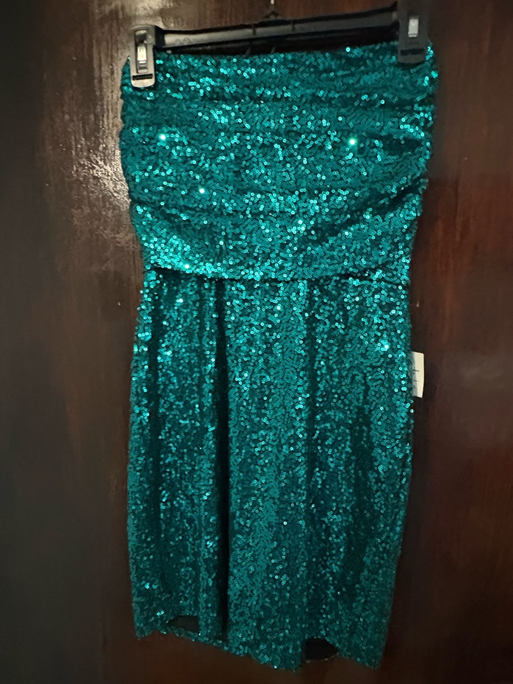 NWT Asterisco Strapless Teal Sequin Party Dress. Size Small.